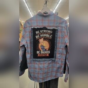 Recycled "Be Strong Be Humble" Blue and Coral Plaid Flannel Shirt Size Med